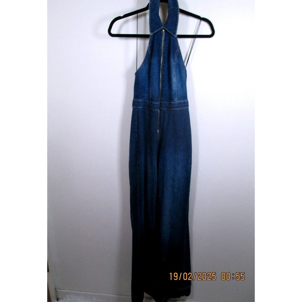 Alice + Olivia Jeans Jumpsuit Size 24 Denim Dark Halter Neck Full Zip Flare - Picture 5 of 14
